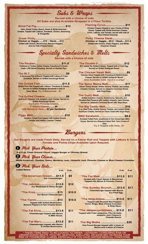 Menu at Blind Pig Tavern restaurant, Watkinsville