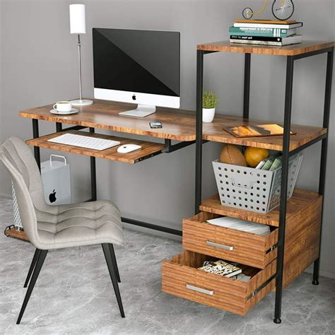 Mecor Computer Desk with 2 Drawers, Modern Writing Desk with Bookshelf ...