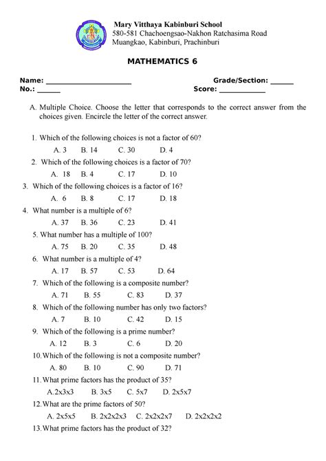 Grade 6 exam - notes - Mary Vitthaya Kabinburi School 580-581 Chachoengsao-Nakhon Ratchasima ...