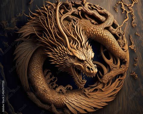 Dragon old wooden and chinese pattern, wood nature. 3d illustration. (ai generated) Stock ...