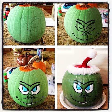 My pumpkin I turned Grinch :-) Acryllic paint, modge podge, batting ...