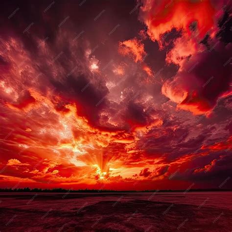 Premium AI Image | Beautiful sunset on the beach red sky with clouds