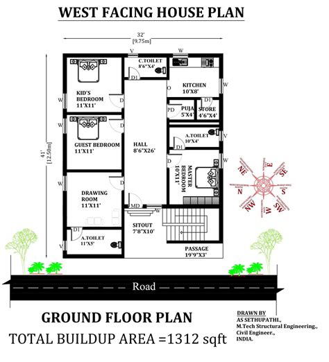 32'X41' West facing 3bhk house plan as per Vastu Shastra. Download AutoCAD file Now. - Cadbull