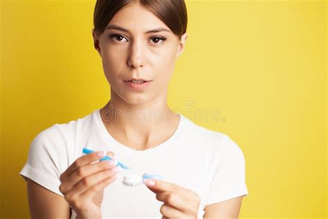 Smiling Woman with Contact Eye Lenses and Container in Hand Stock Image ...