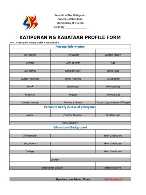 Katipunan NG Kabataan Profile Form: Personal Information | PDF