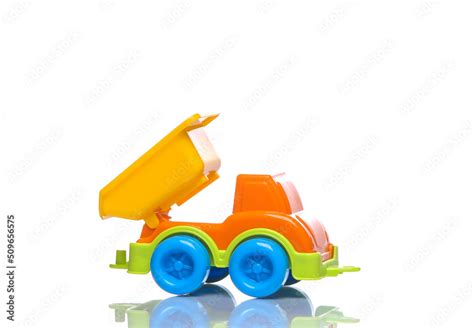 Toy dump truck isolated on white background with reflection Stock Photo ...