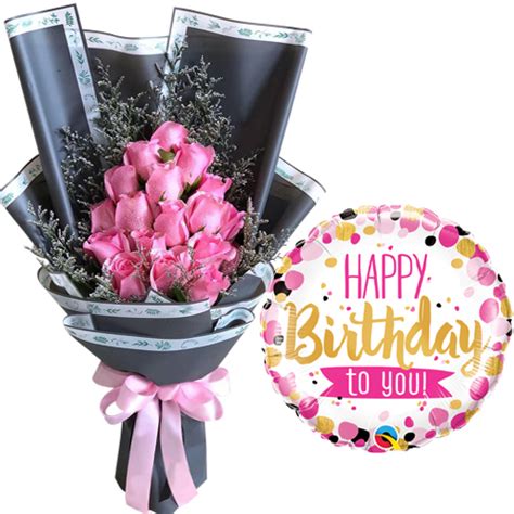 Send 15 pcs Pink Roses Bouquet with Birthday Balloon to Cebu Philippines