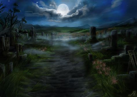 Download Night Moon Graveyard Tombstone Cemetery Fantasy Dark HD Wallpaper by Arkarti