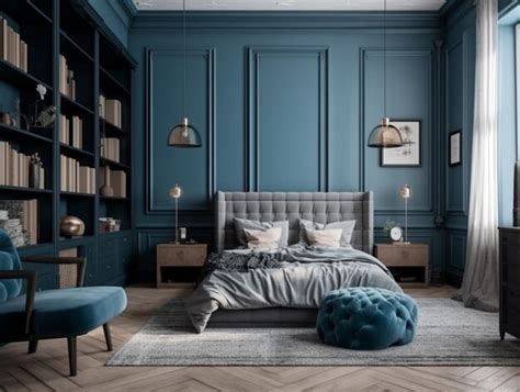 Premium AI Image | A bedroom with a blue wall and a bed with a blue ...