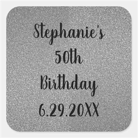 Glittery Grey Silver Custom Happy Birthday Name Square Sticker | Zazzle