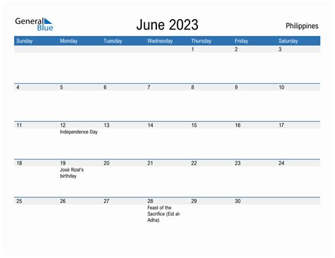 June 2023 Monthly Calendar with Philippines Holidays