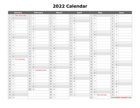 Free Download Printable Calendar 2022, month in a column, half a year per page