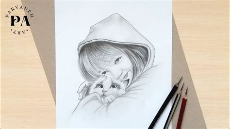 How to draw a girl hugging cat step by step || drawing beautiful girl ...