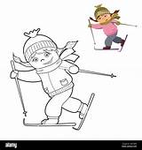 coloring Book Cute Cartoon kids skiing Vector Isolated On A White  sketch template