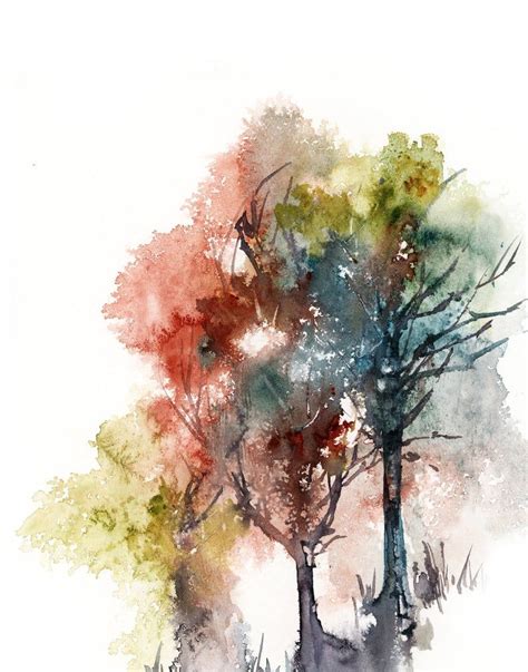 Abstract Trees Bright Colors Autumnal Fine Art Print, Forest Watercolor Painting Art Loose Style ...