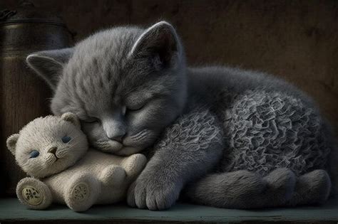 Premium AI Image | The gray kitten is sleeping in an odd way