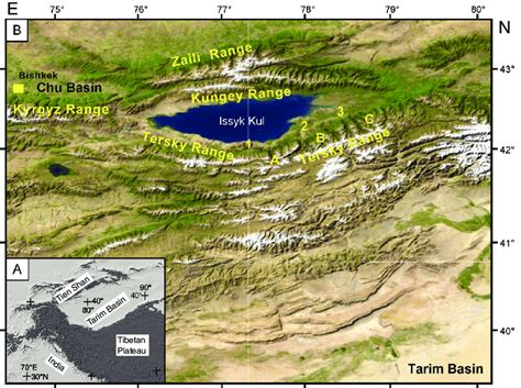 Topographic map of the Tien Shan showing the location of Issyk Kul and ...