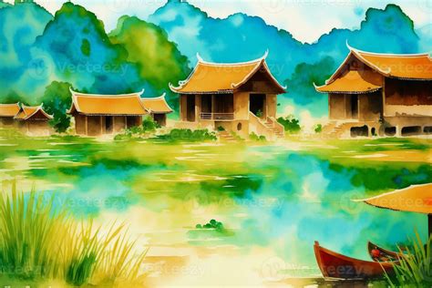 A chinese village. Watercolor Painting of a Tranquil Chinese Village. 24216822 Stock Photo at ...