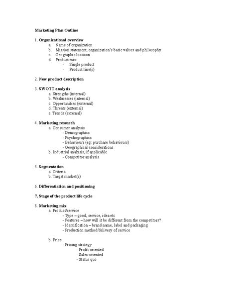 Final Project - Sample Marketing Plan Outline - Marketing Plan Outline Organizational overview a ...