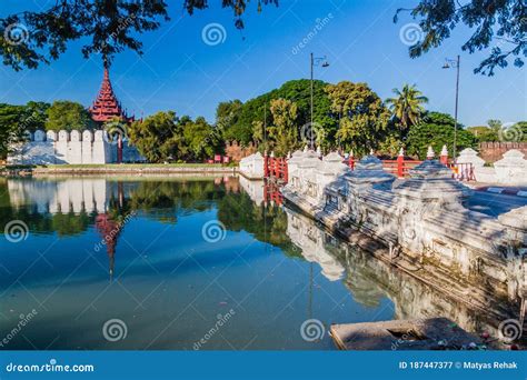 Moat, Bridge, Walls and a Tower of Mandalay Fortress, Myanm Stock Image - Image of scene ...