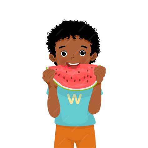 Premium Vector | Happy little African boy eating watermelon on sunny day in summer time