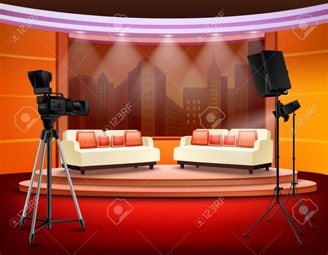 Talk show studio interior with comfortable sofas on pedestal filming ...