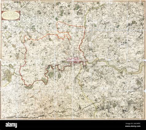 18th Century map of London. Hand coloured historical map showing an ...