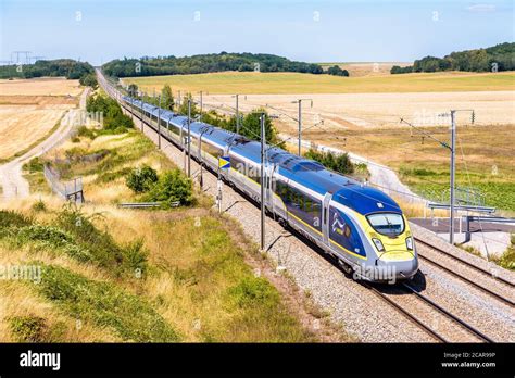 A Eurostar e320 high speed train is driving from Paris to London on the LGV Nord, the North ...