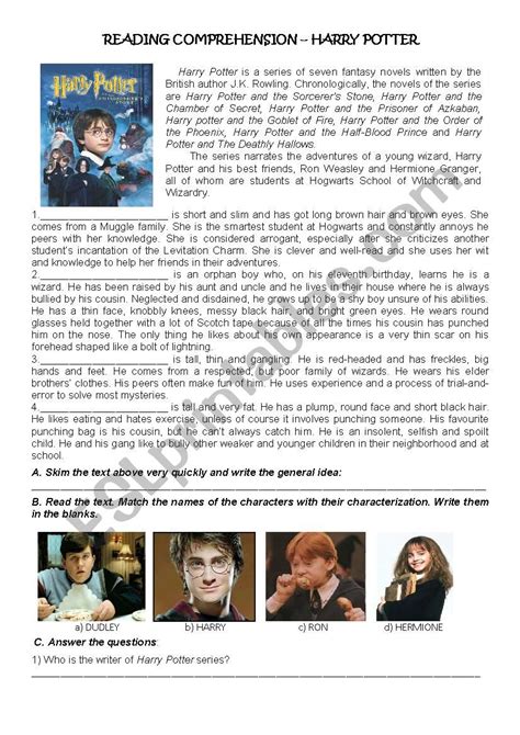 Harry Potter Reading Comprehension Worksheets