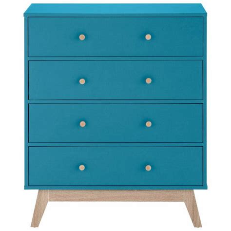 a blue chest of drawers with gold knobs on the top and bottom, against a white background