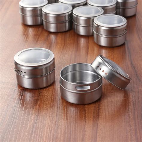 12Pcs Spice Storage Tins Stainless Steel Magnetic Multi Purpose Clear Top Lid with Sift or Pour ...