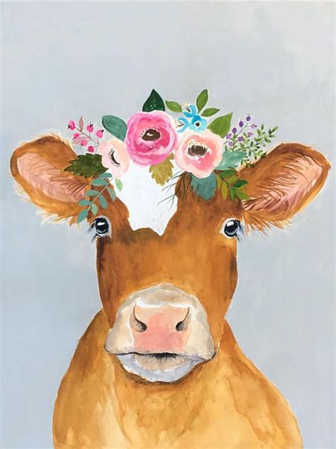 Flower crown cow painting, Farmhouse style cow painting, flower crown ...