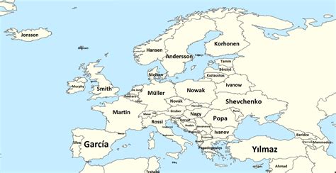 Most common surname in Europe by country [excerpt of a global map made ...