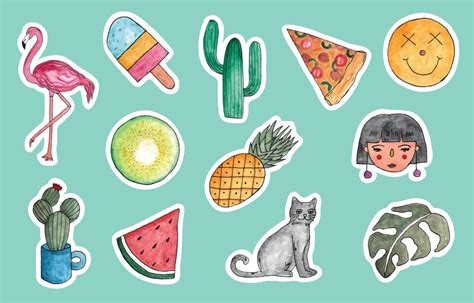 Watercolor Summer Stuff Stickers Set 12743933 Vector Art at Vecteezy