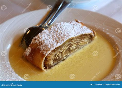 Apple Strudel with Vanilla Sauce in Austria Stock Photo - Image of ...