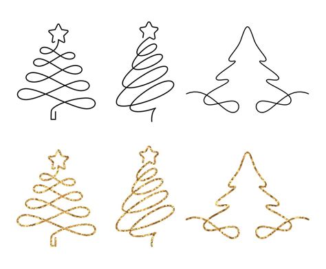 Christmas trees in one line drawing style. Set of fir trees with ...