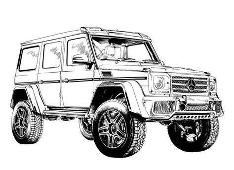 Mercedes-Benz G-class W463, off-road vehicle drawn in ink by hand on a white background | Cool ...