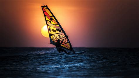 Download Sunset Sea Ocean Windsurfing Sports HD Wallpaper