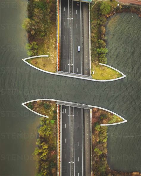 Aerial view of the Veluwemeer Aqueduct Water Bridge, Harderwijk, the Netherlands. stock photo