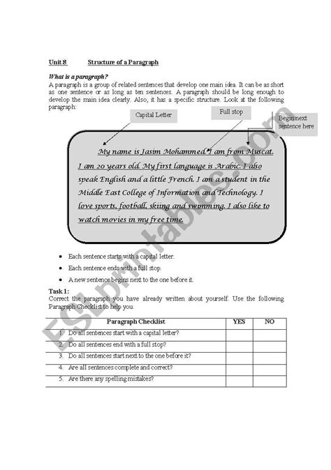 Structure of a Paragraph - ESL worksheet by alover