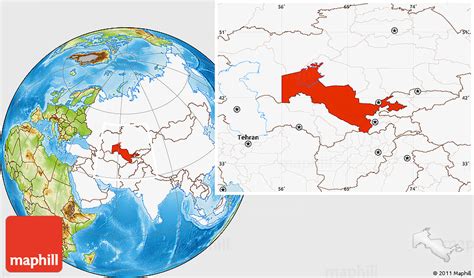 Physical Location Map of Uzbekistan, highlighted continent