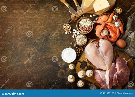 Balanced Food Background. Protein Foods on a Rustic Wooden Background ...