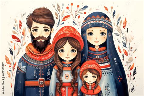 Russian family in traditional dress, spanning generations. Stock Illustration | Adobe Stock