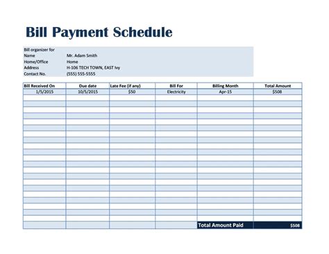 Printable Payment Schedule Template - Printable Word Searches