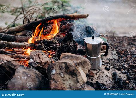 Cooking Breakfast on a Campfire at a Summer Camp. Stock Photo - Image of flames, burn: 120835068