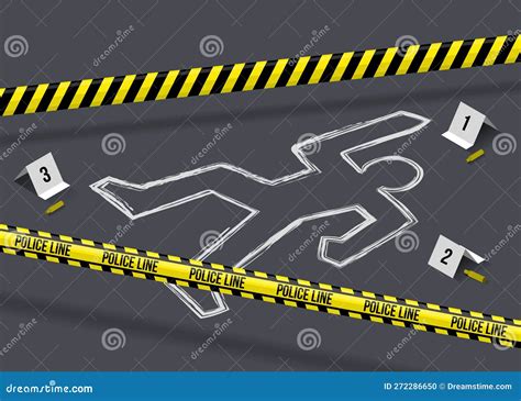 Police Crime Scene. Investigation Proofs. Death Body. Victim with Chalk Outline. Gun Bullets ...