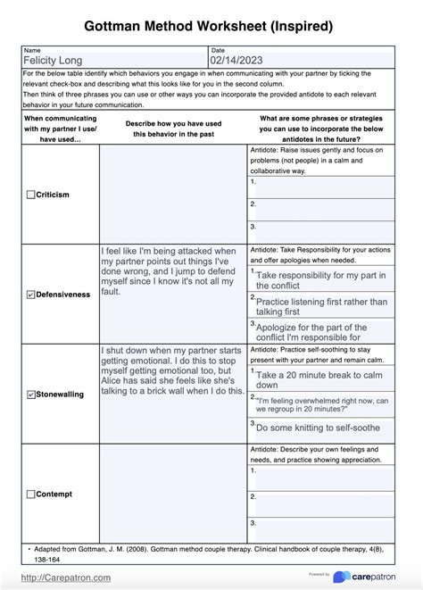 Printable Gottman Couples Therapy Worksheets