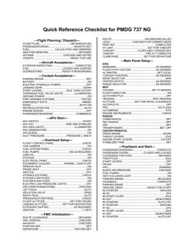 Quick Reference Checklist for PMDG 737 NG