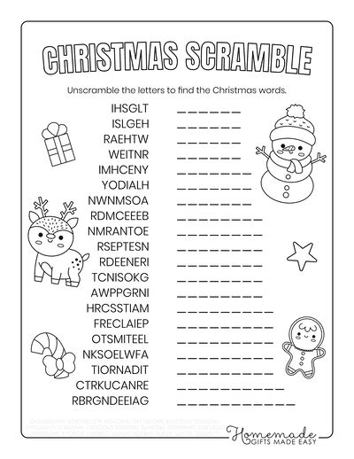 Free Printable Christmas Word Scramble Puzzles for Kids