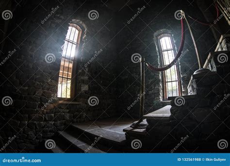 Inside of Old Creepy Abandoned Mansion. Staircase and Colonnade. Dark Castle Stairs To the ...